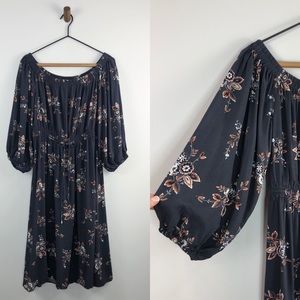 Loft gray floral cottagecore peasant dress size small